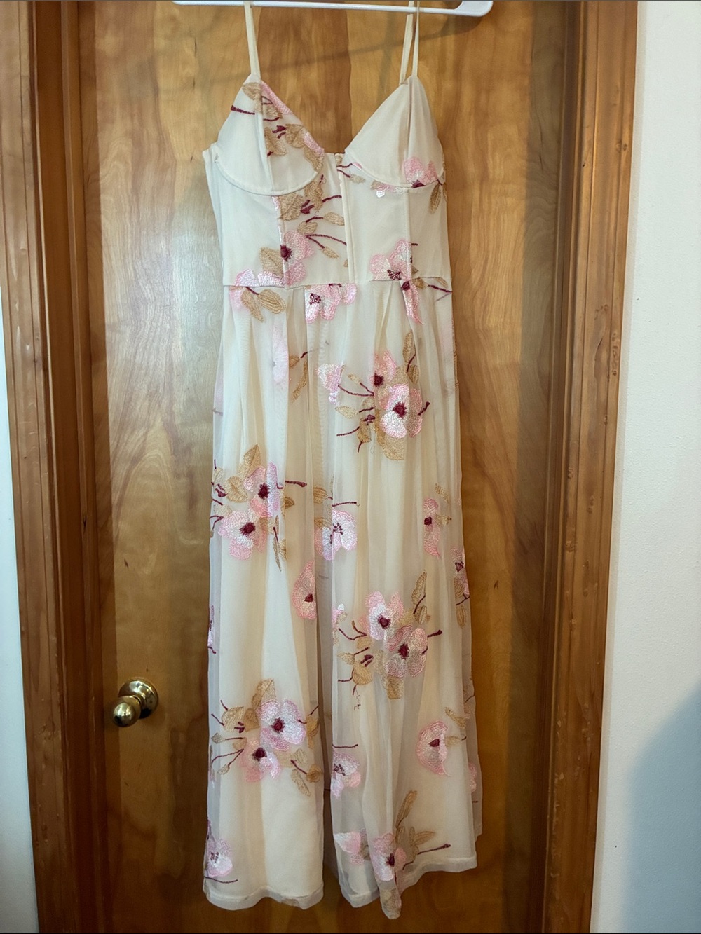 Cream Midi Slip Dress with Pink Floral Embroidery